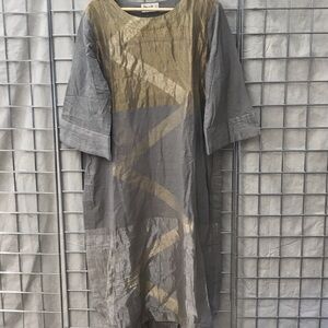 Grey Midi Dress with Gold Brushstroke Detail